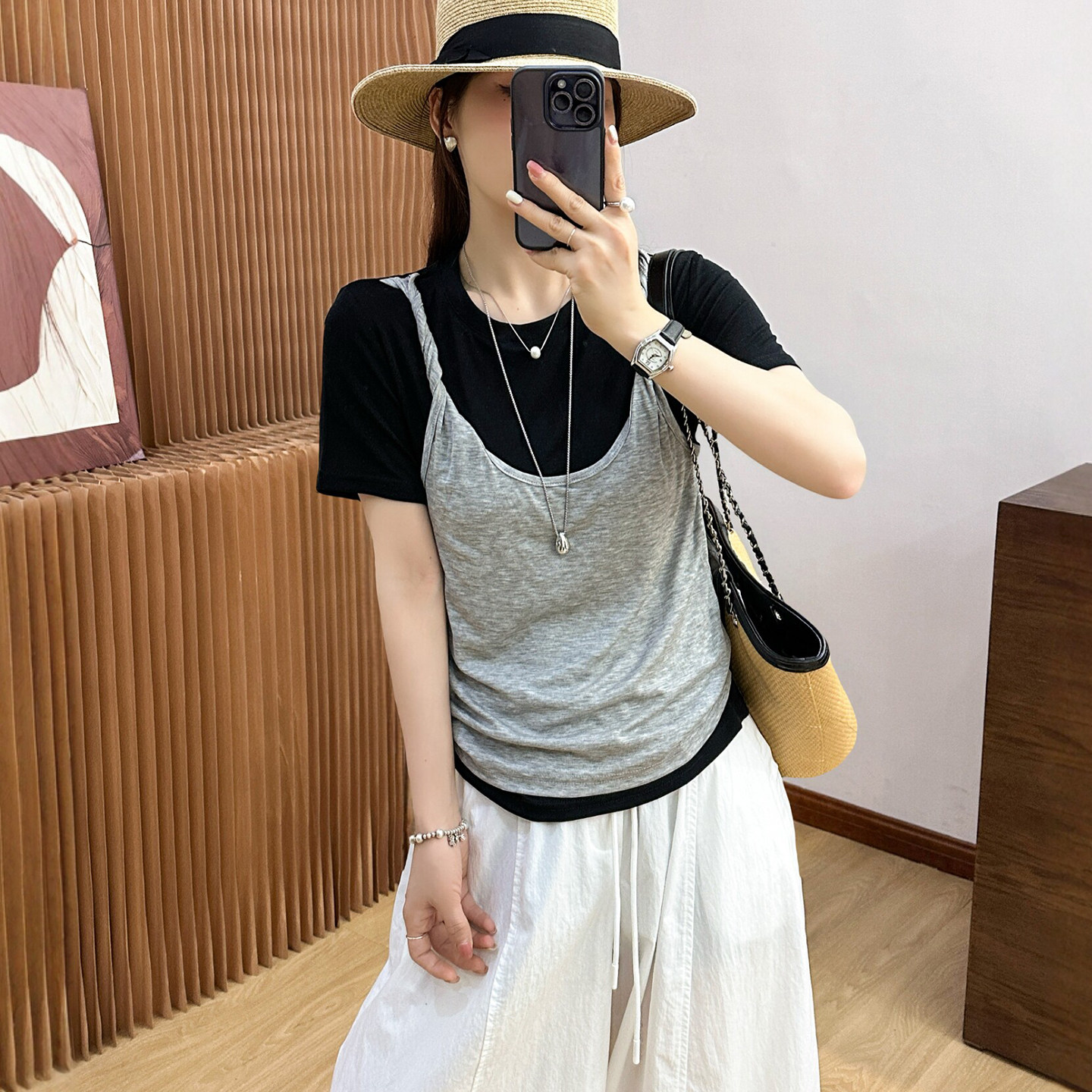 假两件天丝面膜短袖T恤女欧洲站2026夏季新款欧货女装打底小衫潮