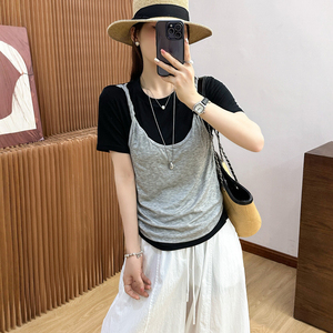 假两件天丝面膜短袖T恤女欧洲站2026夏季新款欧货女装打底小衫潮