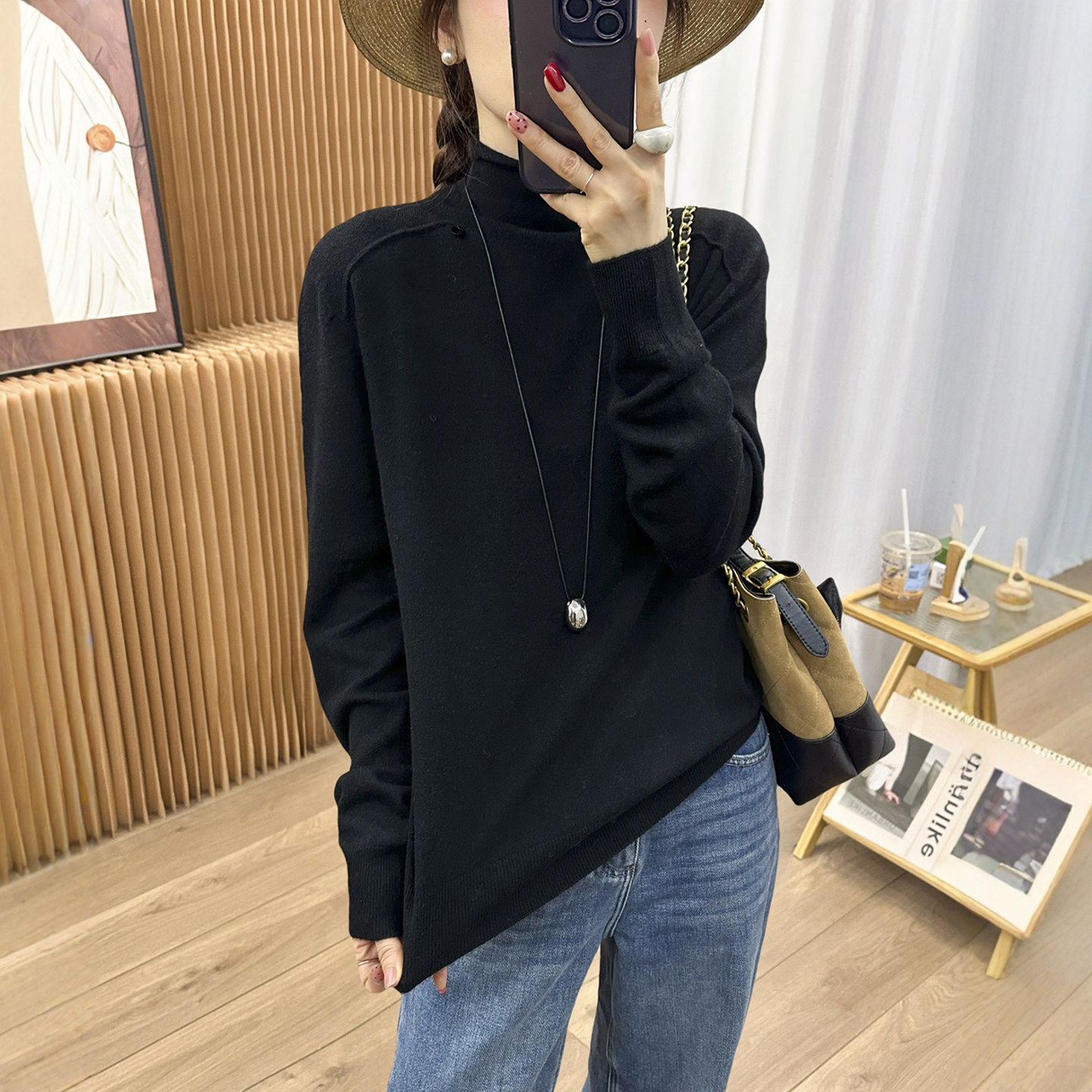 贝壳扣堆堆领羊绒针织衫女欧洲站