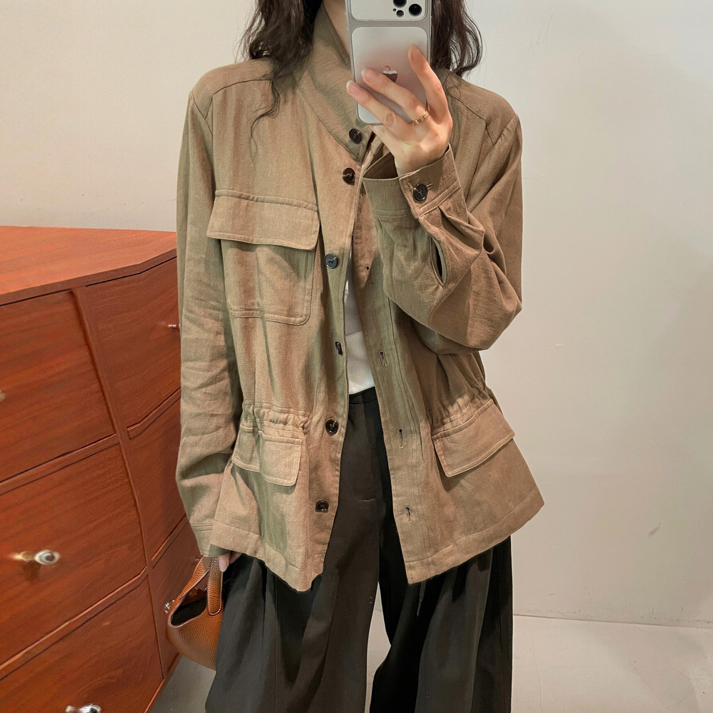立领莱赛尔亚麻工装外套女欧洲站