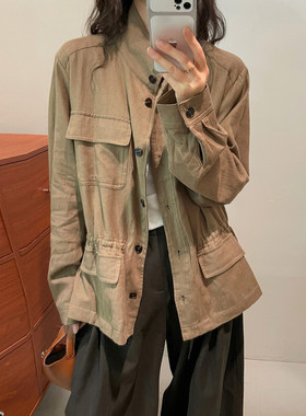 立领莱赛尔亚麻工装外套女欧洲站