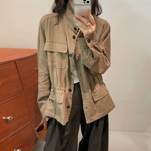 复古立领亚麻工装外套女欧洲站2026早秋新款欧货女装中长款上衣潮