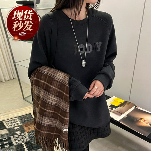 字母刺绣磨毛加绒T恤女欧货上衣