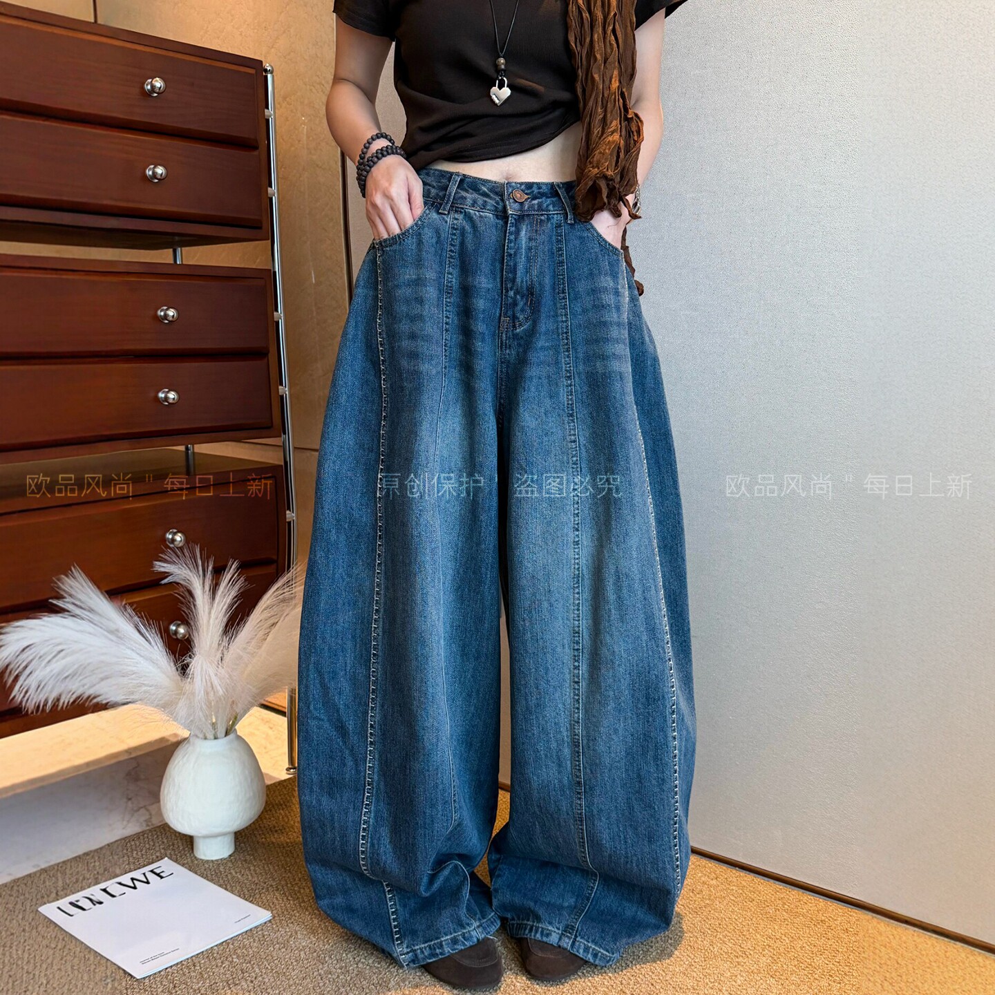 立体剪裁拖地阔腿牛仔裤女欧洲站