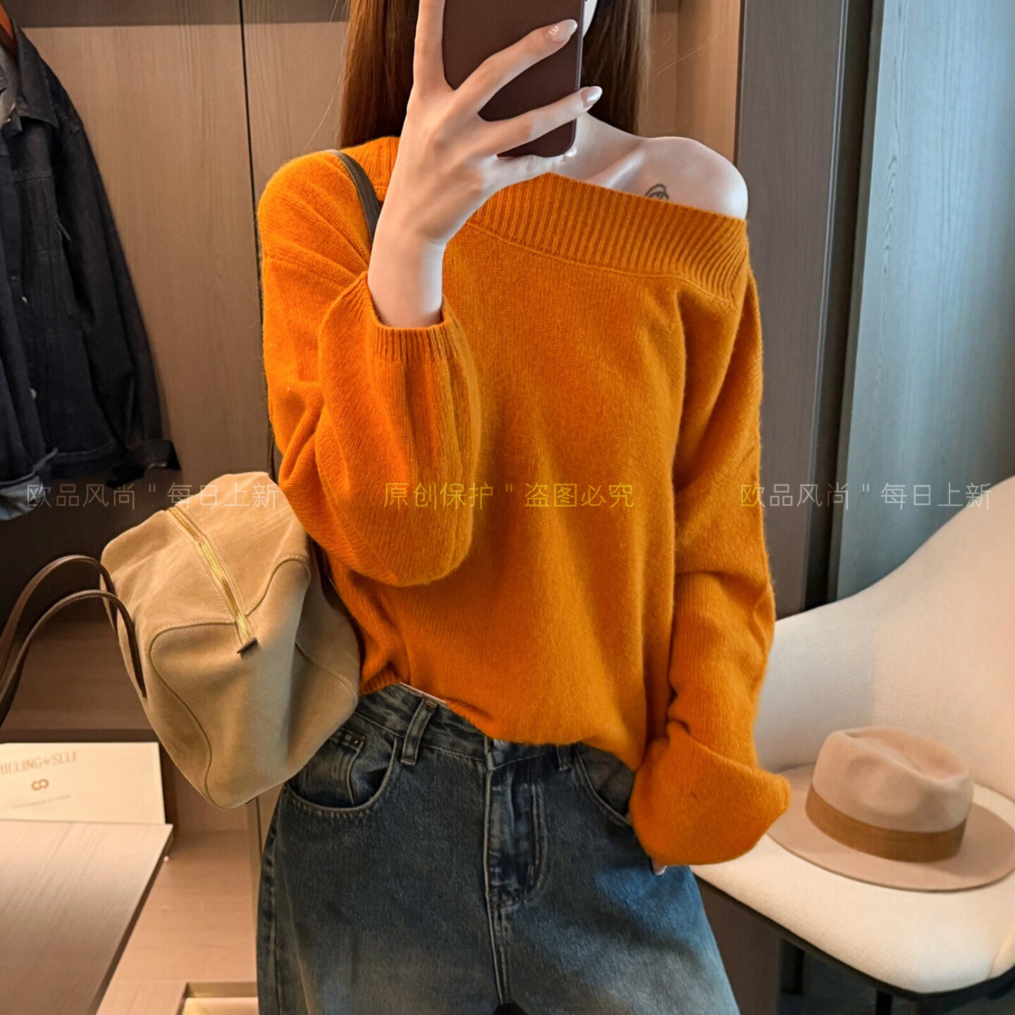 一字领露肩绵羊毛针织衫女欧洲站