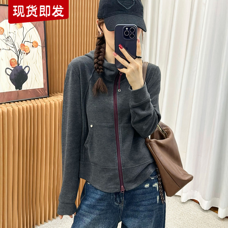 贝壳扣连帽德绒卫衣开衫女欧洲站