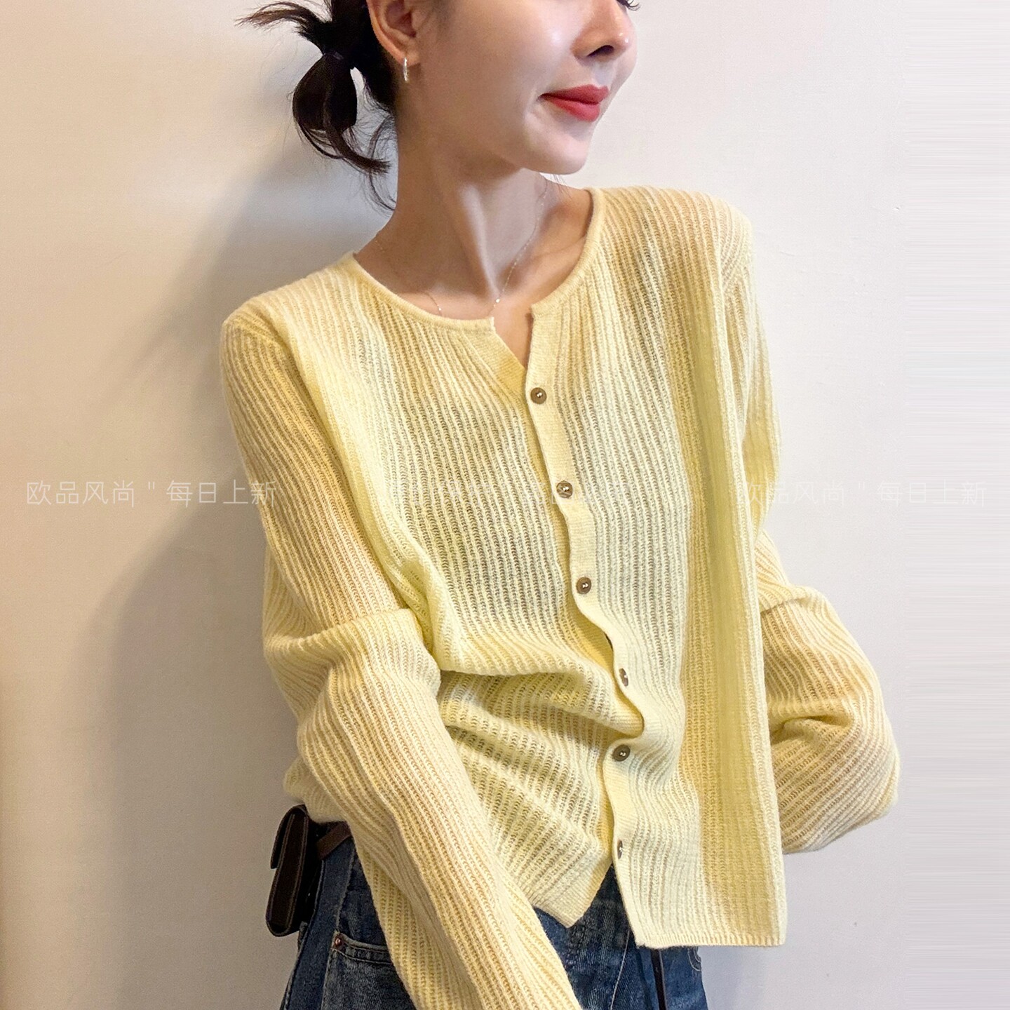 复古坑条绵羊毛针织开衫女欧洲站