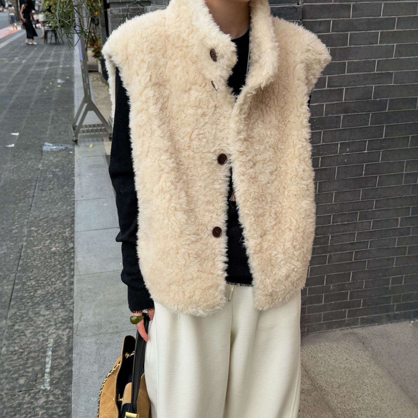 复古立领颗粒绒羊羔毛马甲女欧货