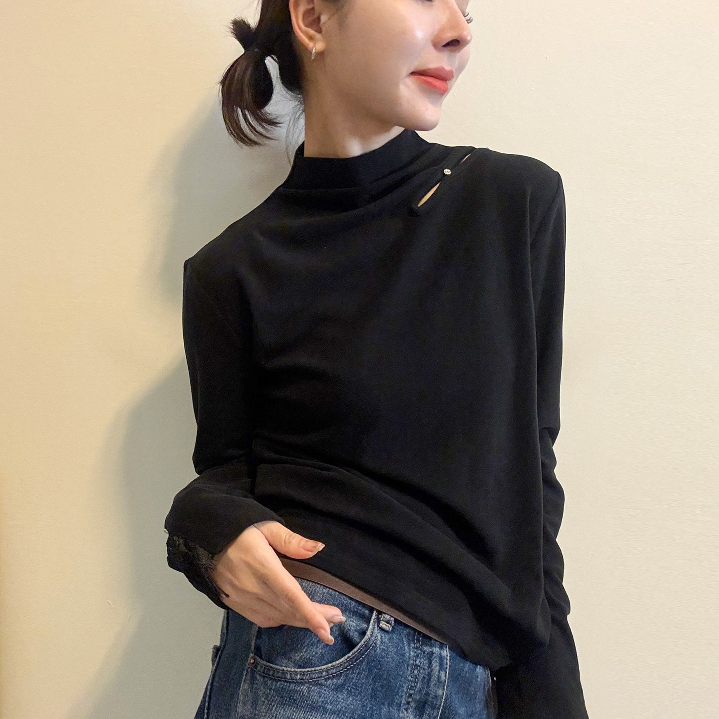小半高领露肩长袖T恤女欧货上衣