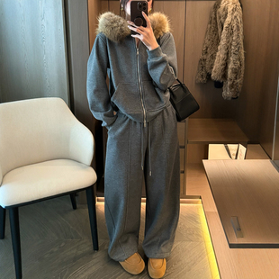 狐狸毛领羊毛呢加绒卫衣两件套装女欧洲站2025冬装新款欧货女装潮