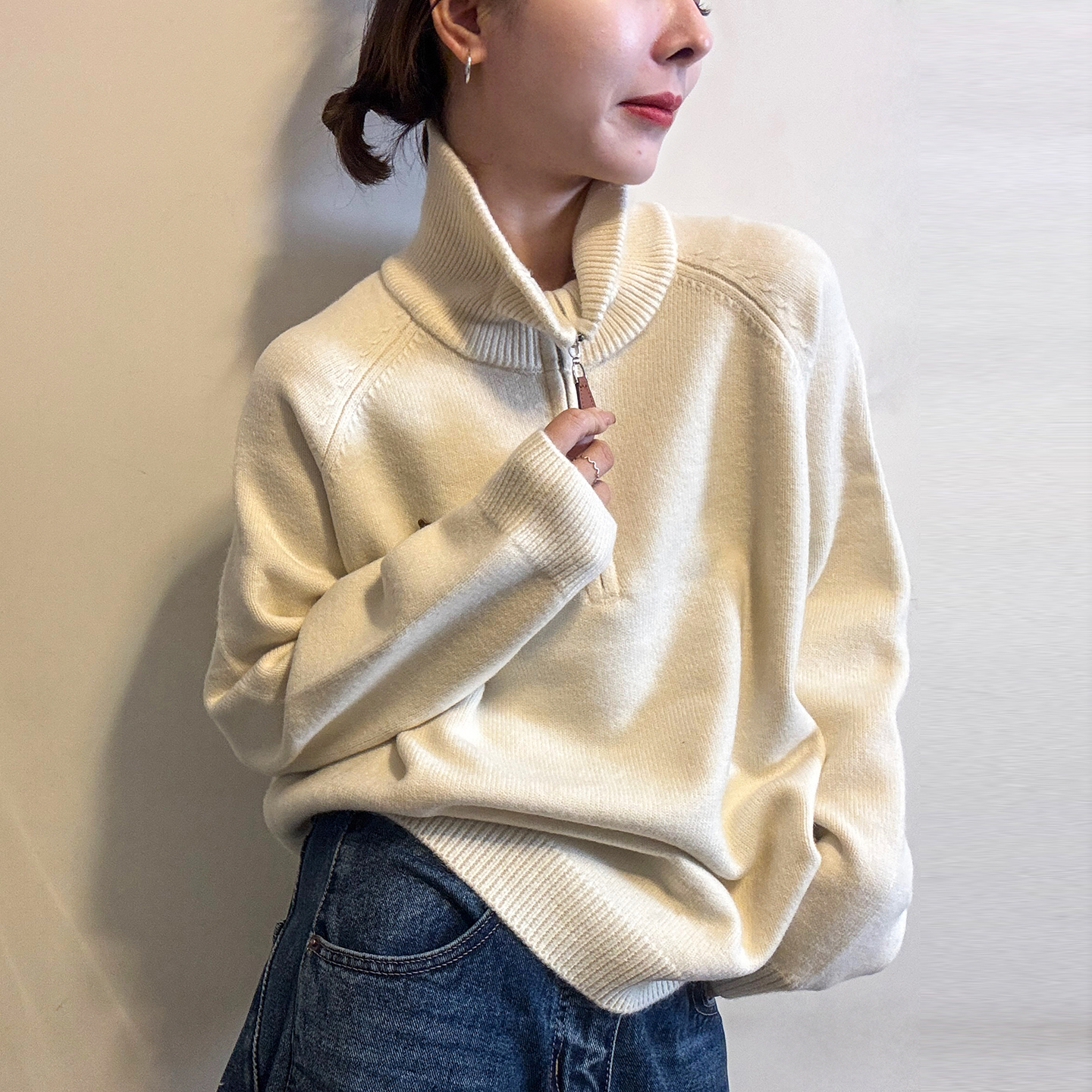 小熊贴标高领羊毛针织衫女欧洲站