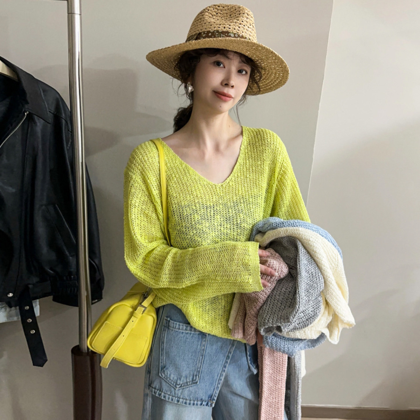 糖果色V领镂空针织衫女欧洲站2026春装新款欧货女装防晒打底衫潮