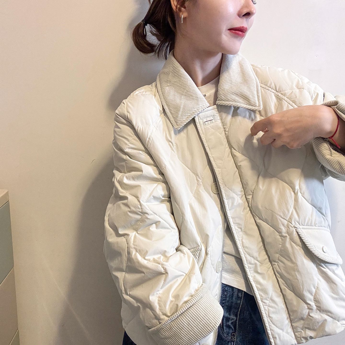 菱形格针织翻领羽绒服女欧货外套