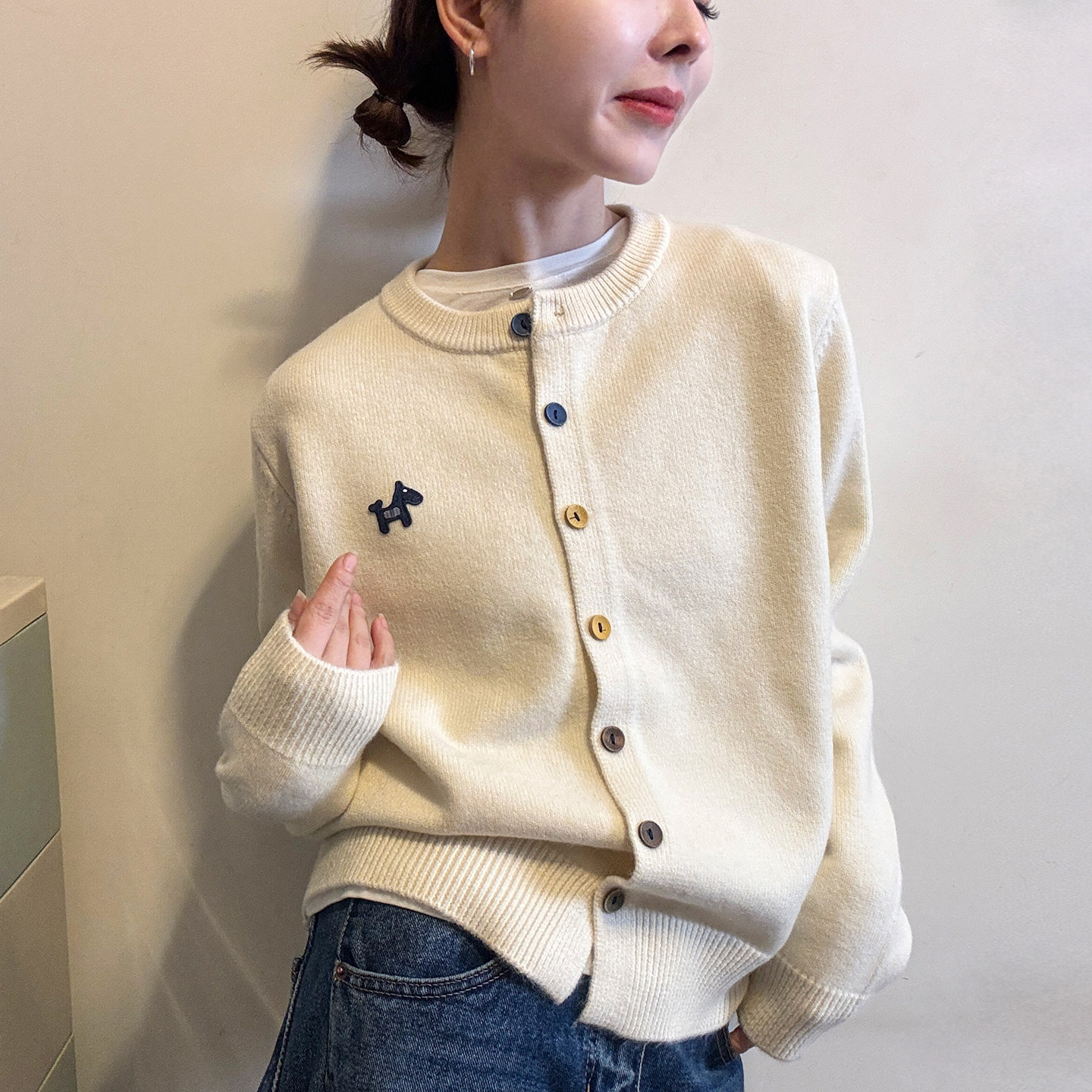 小狗刺绣羊毛针织开衫女欧洲站2025冬装新款欧货女装毛衣打底衫潮