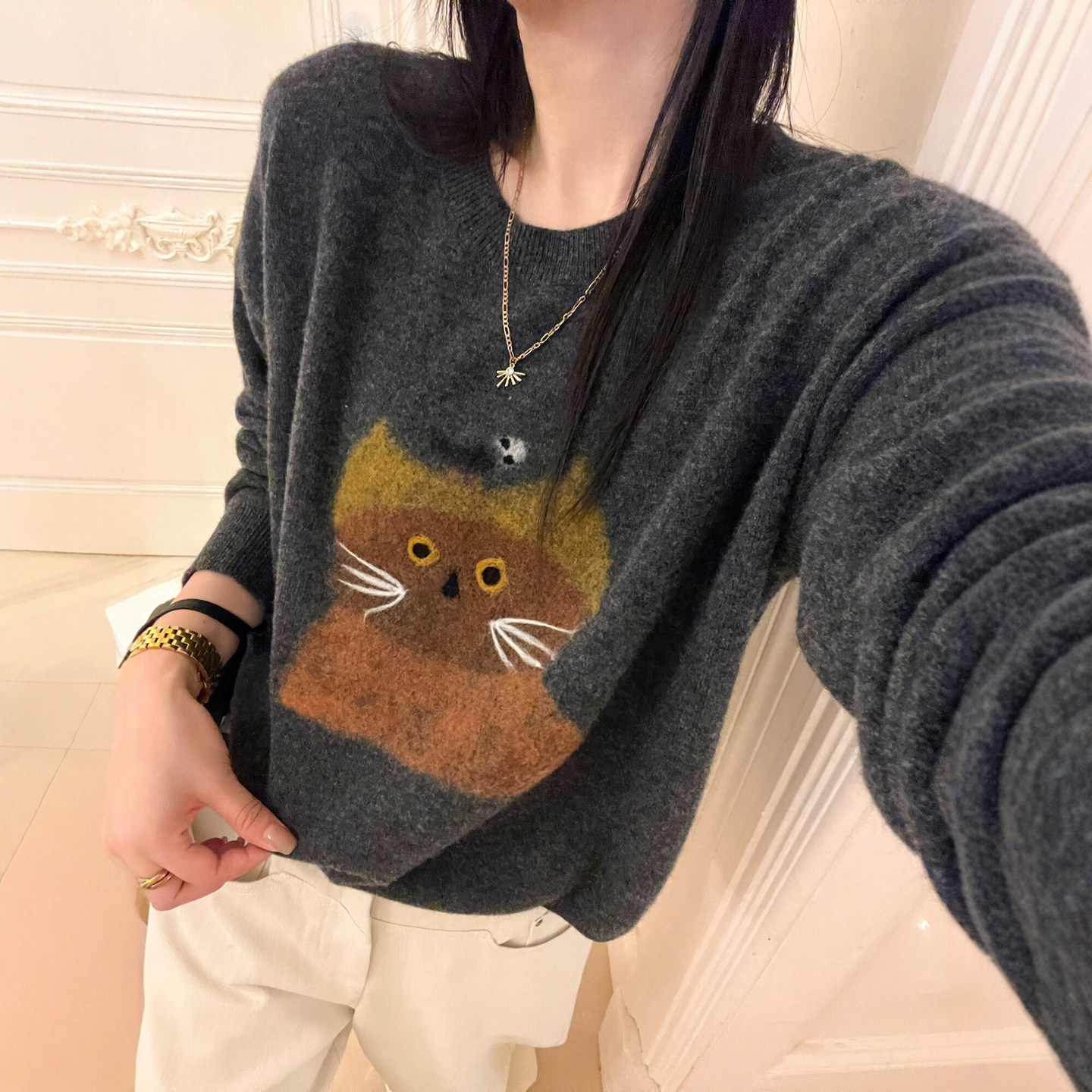 小猫印花羊毛针织衫女欧洲站毛衣