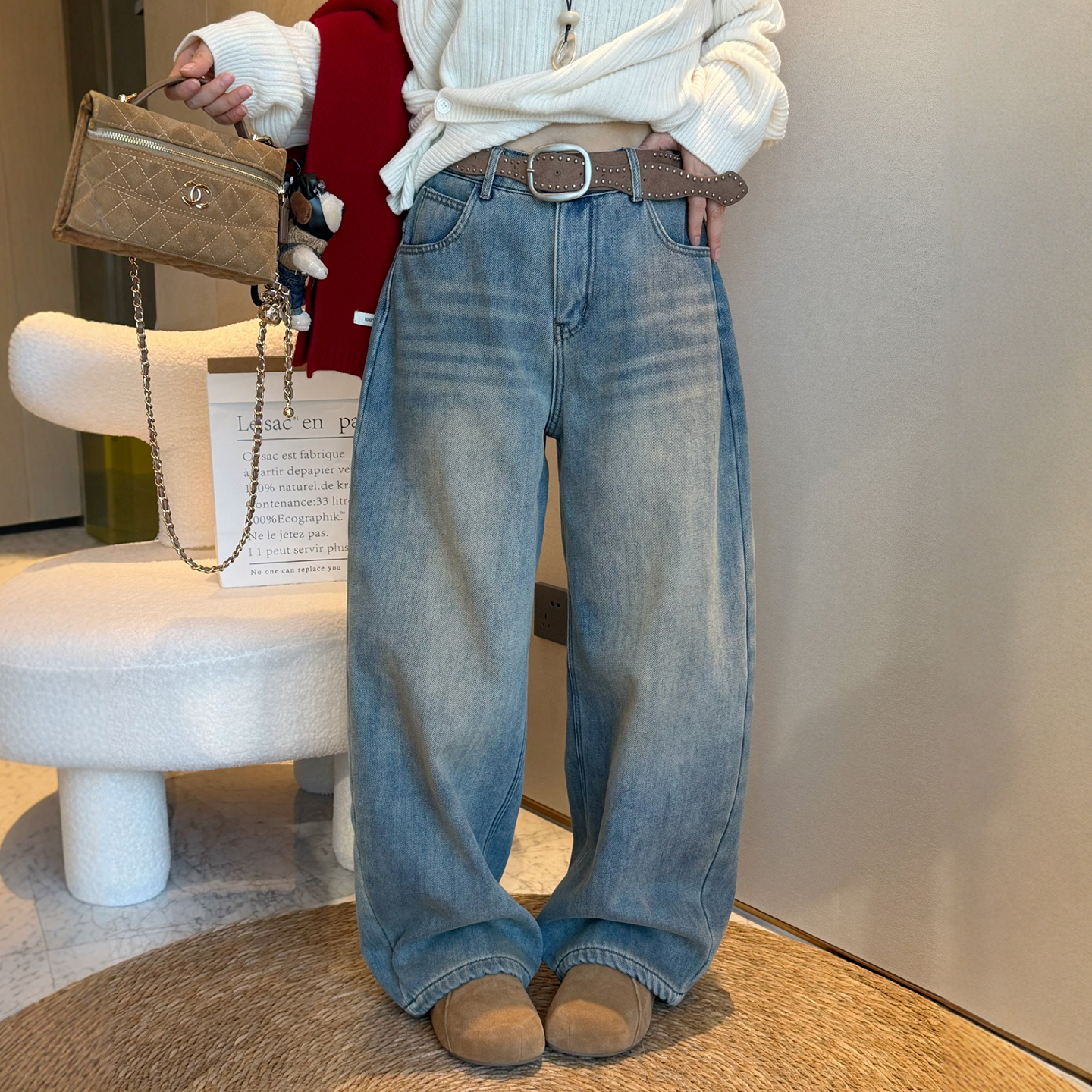 复合绒加厚加绒阔腿牛仔裤女欧货