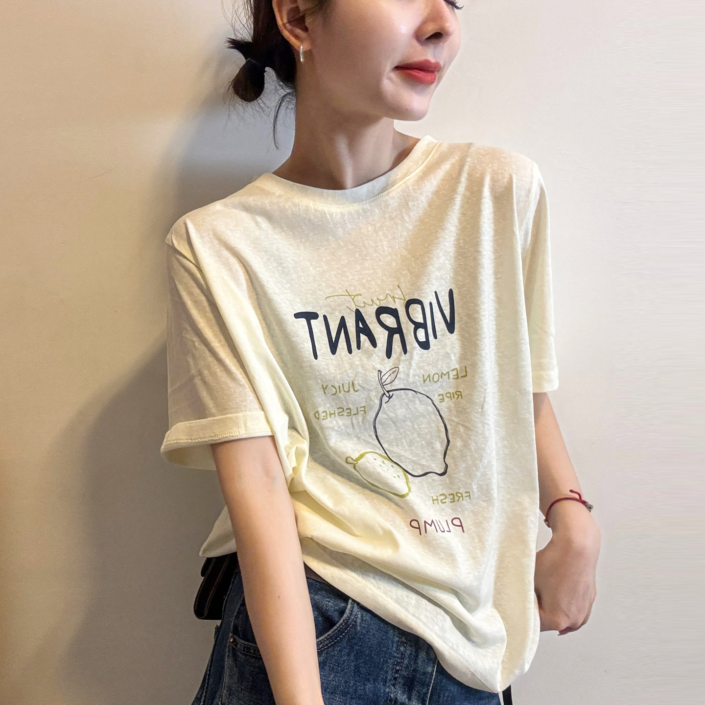 柠檬水果印花短袖T恤女欧货上衣