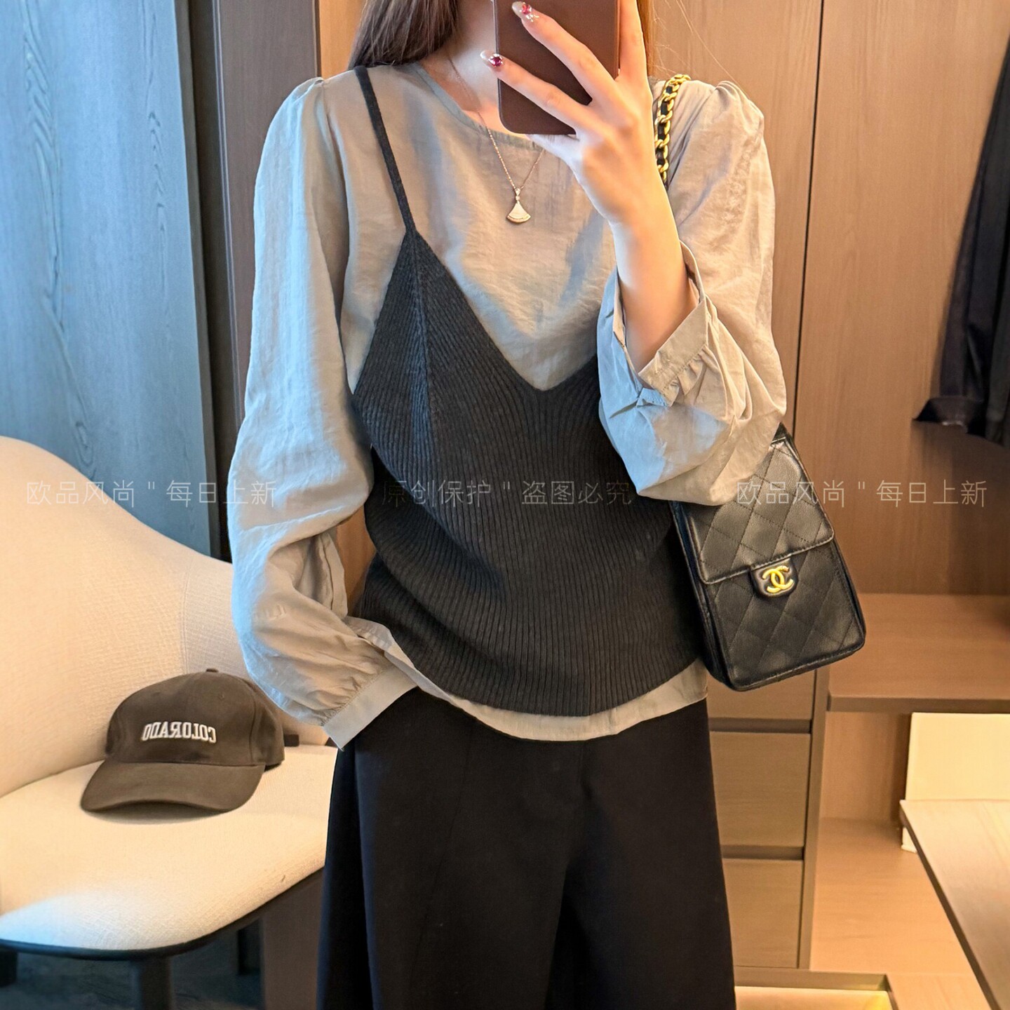 假两件针织吊带背心衬衫两件套装