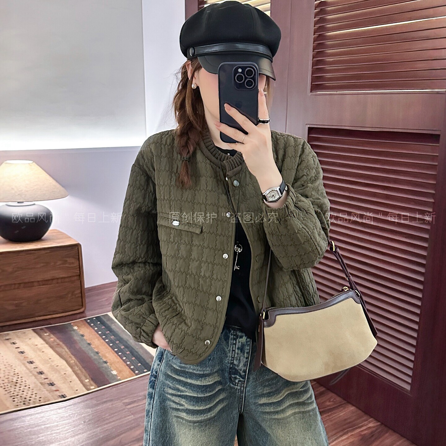 复古压格立领棒球服外套女欧洲站