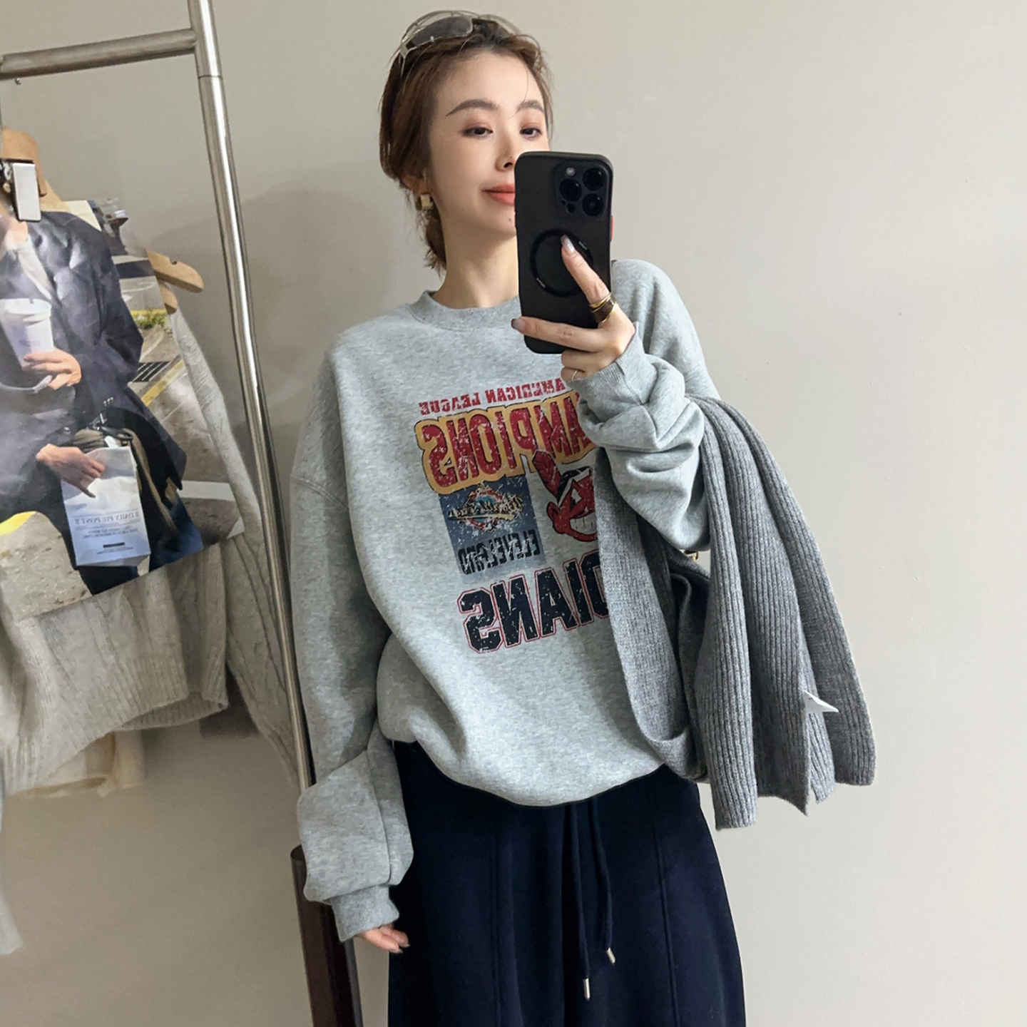 复古印花加厚加绒卫衣女欧货上衣