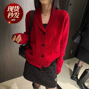 复古麻花纹羊绒针织开衫女欧洲站2025冬装新款欧货女装毛衣外套潮