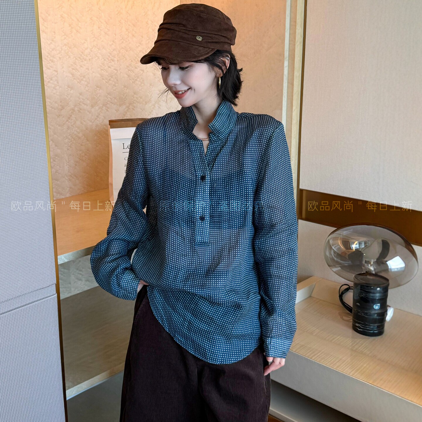 复古立领格子苎麻衬衫女欧货小衫