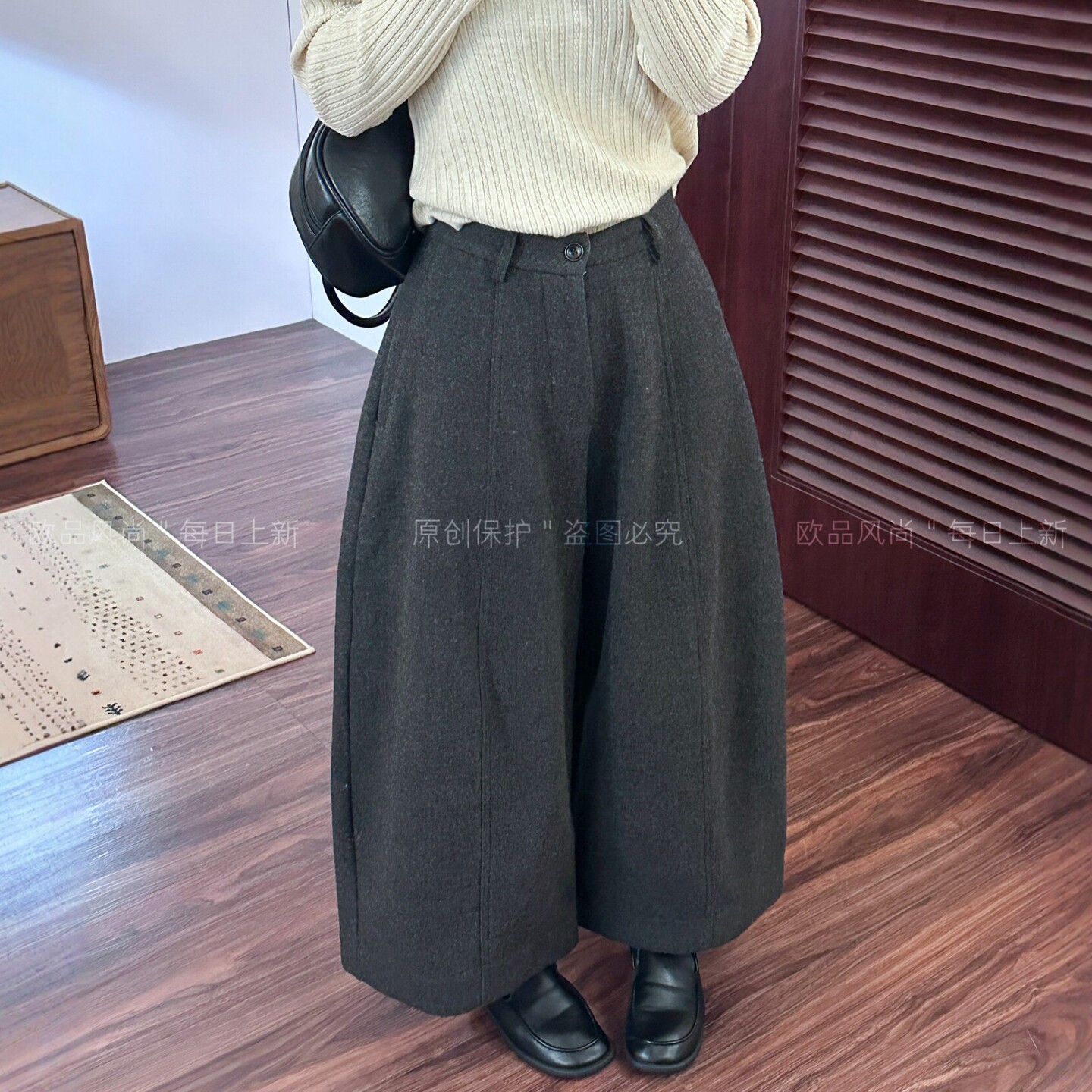 羊毛呢九分弯刀加绒阔腿裤女欧货
