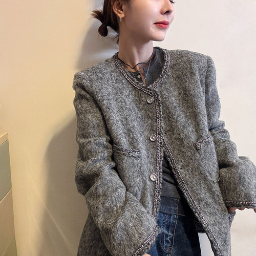 小香风羊毛呢羽绒服外套女欧洲站