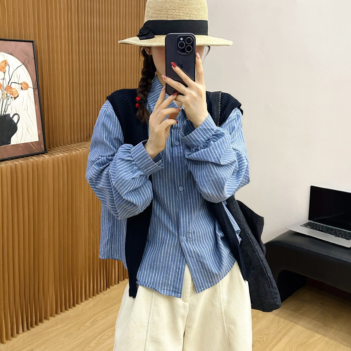 配针织披肩竖条纹衬衫女欧洲站2025冬装新款欧货女装时尚打底衫潮,女装/女士精品,衬衫,淘宝优惠券,粉丝福利购,淘宝优惠卷