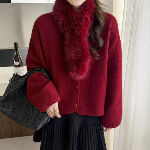 狐狸毛领加绒羊毛针织开衫女欧货