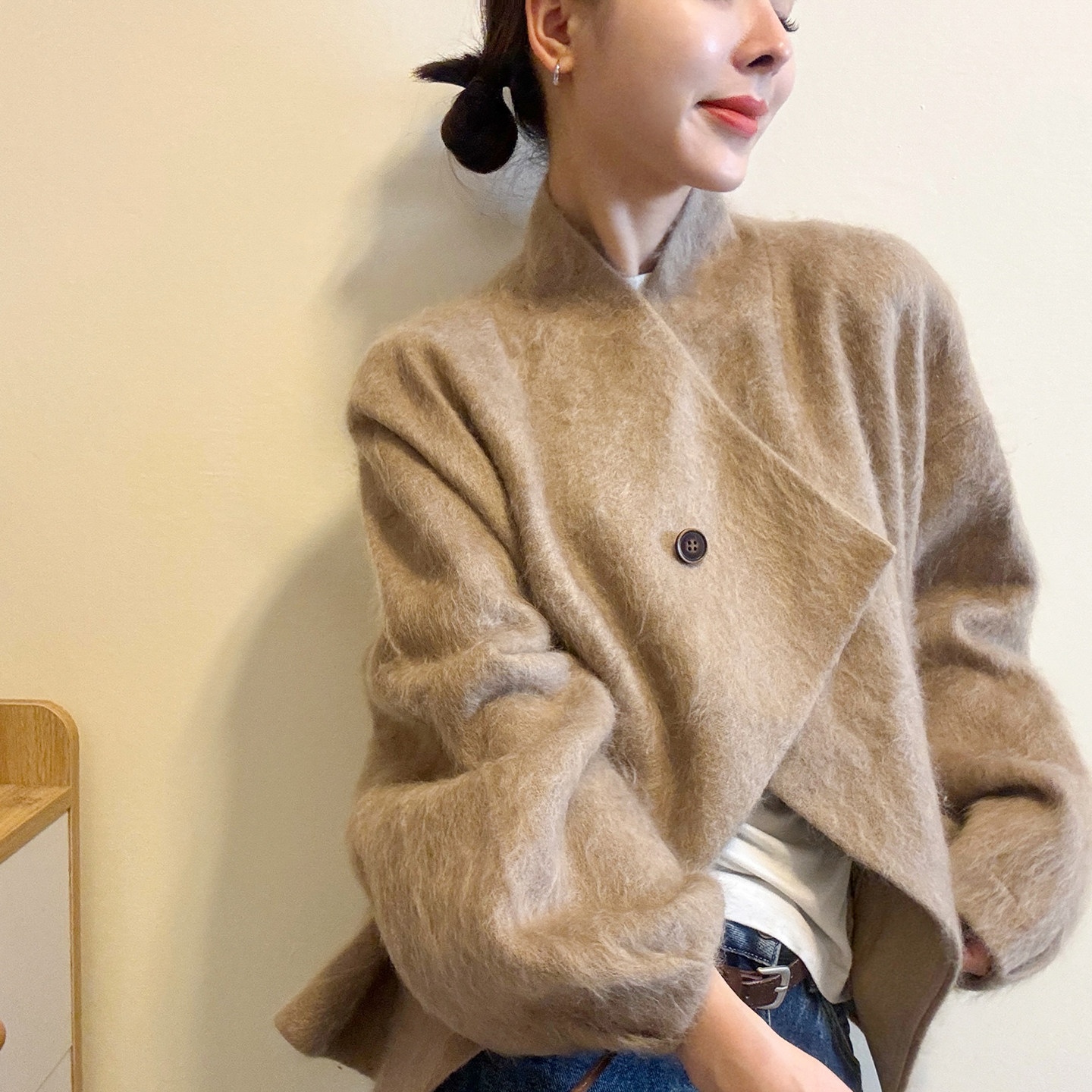 不规则立领拉毛羊绒外套女欧洲站