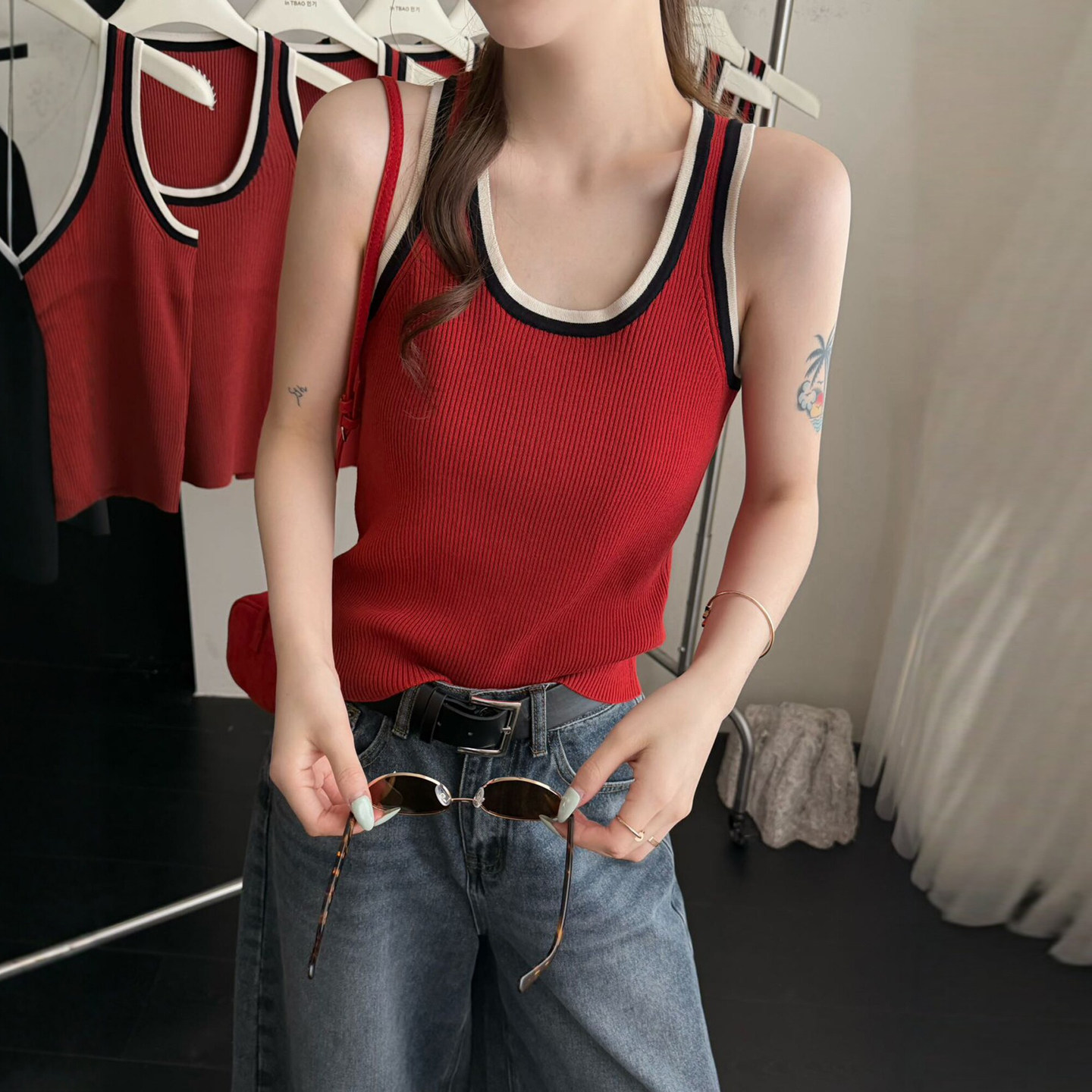 撞色U领冰丝针织吊带背心女欧洲站2026夏季新款欧货女装打底衫潮