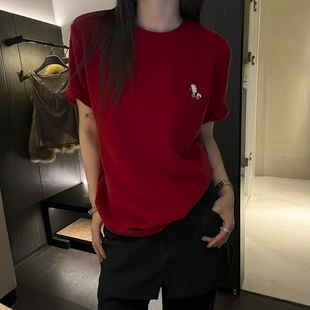 小马刺绣磨毛大版T恤女欧洲站2025冬装新款欧货女装短袖打底衫潮