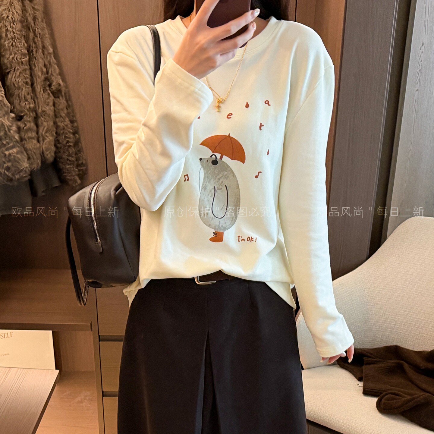 卡通印花磨毛加绒长袖T恤女欧货