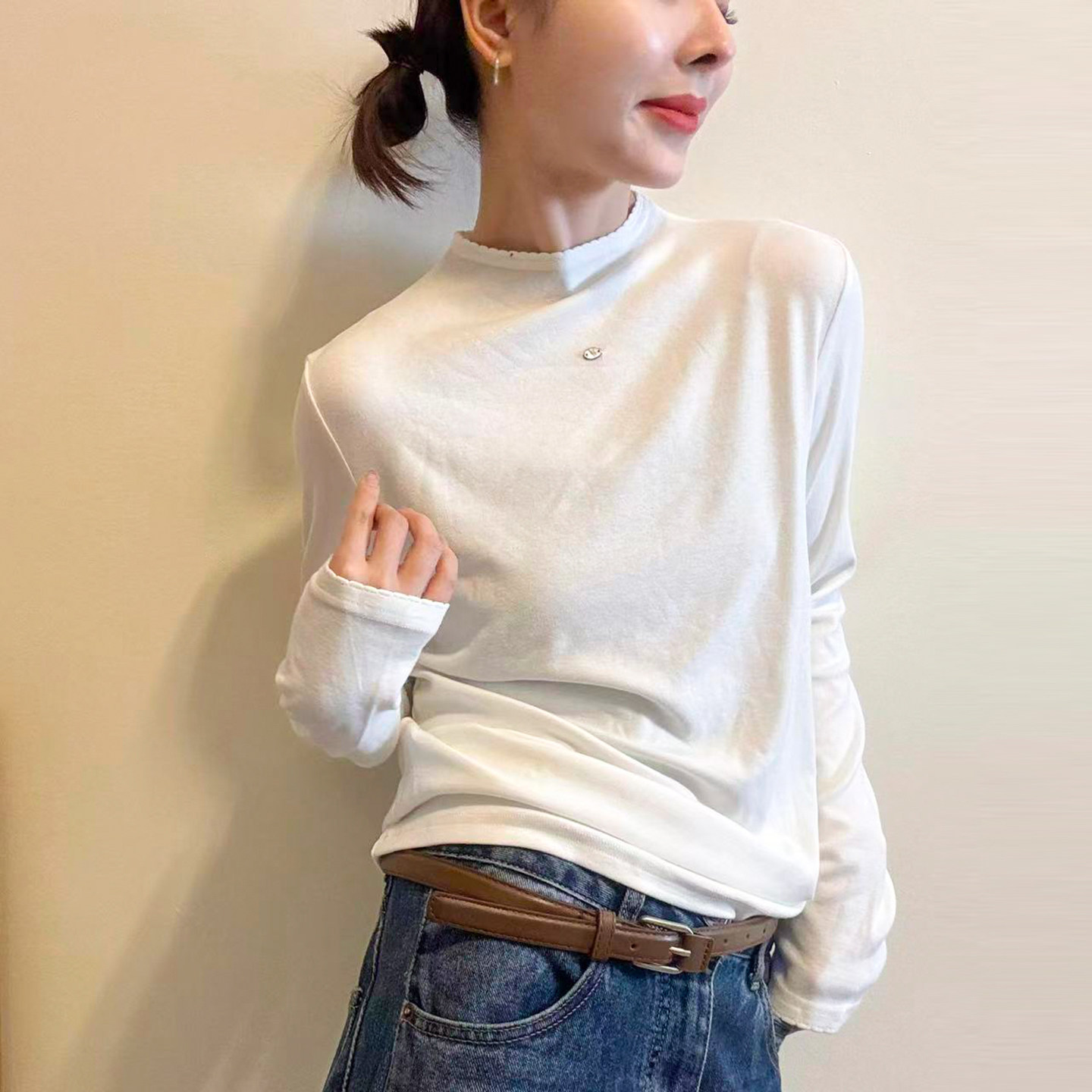 小半高领贴标长袖T恤女欧货上衣