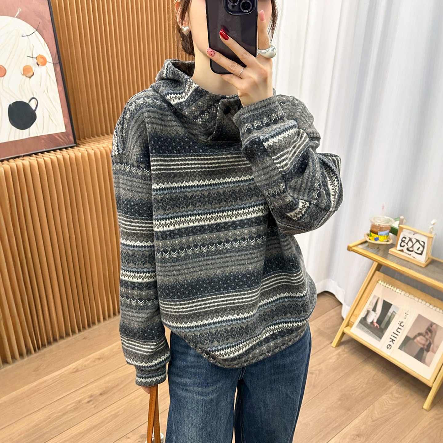 羊毛呢提花连帽加绒卫衣女欧洲站