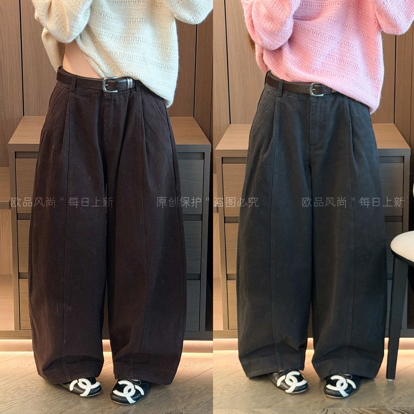 配腰带拖地弯刀阔腿裤女欧货裤子