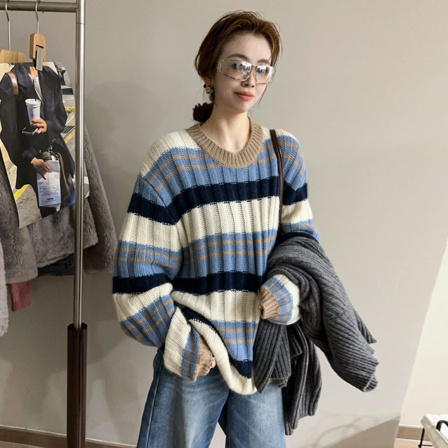 撞色条纹粗线羊绒针织衫女欧洲站