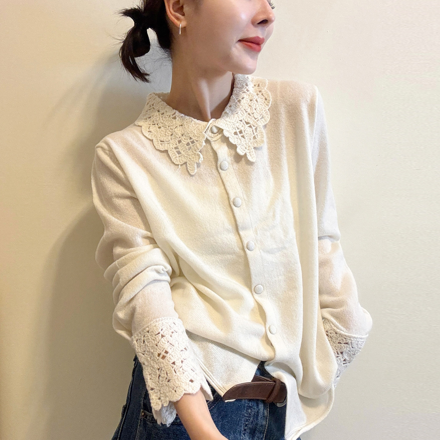 镂空钩花翻领羊毛针织开衫女欧货