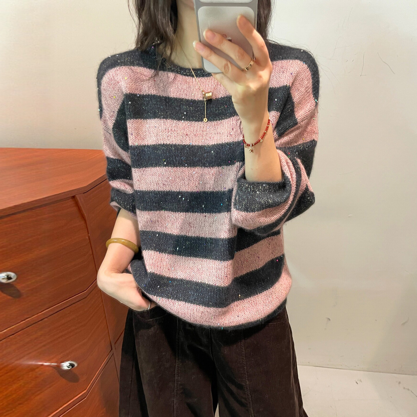 重工亮片条纹羊毛针织衫女欧洲站