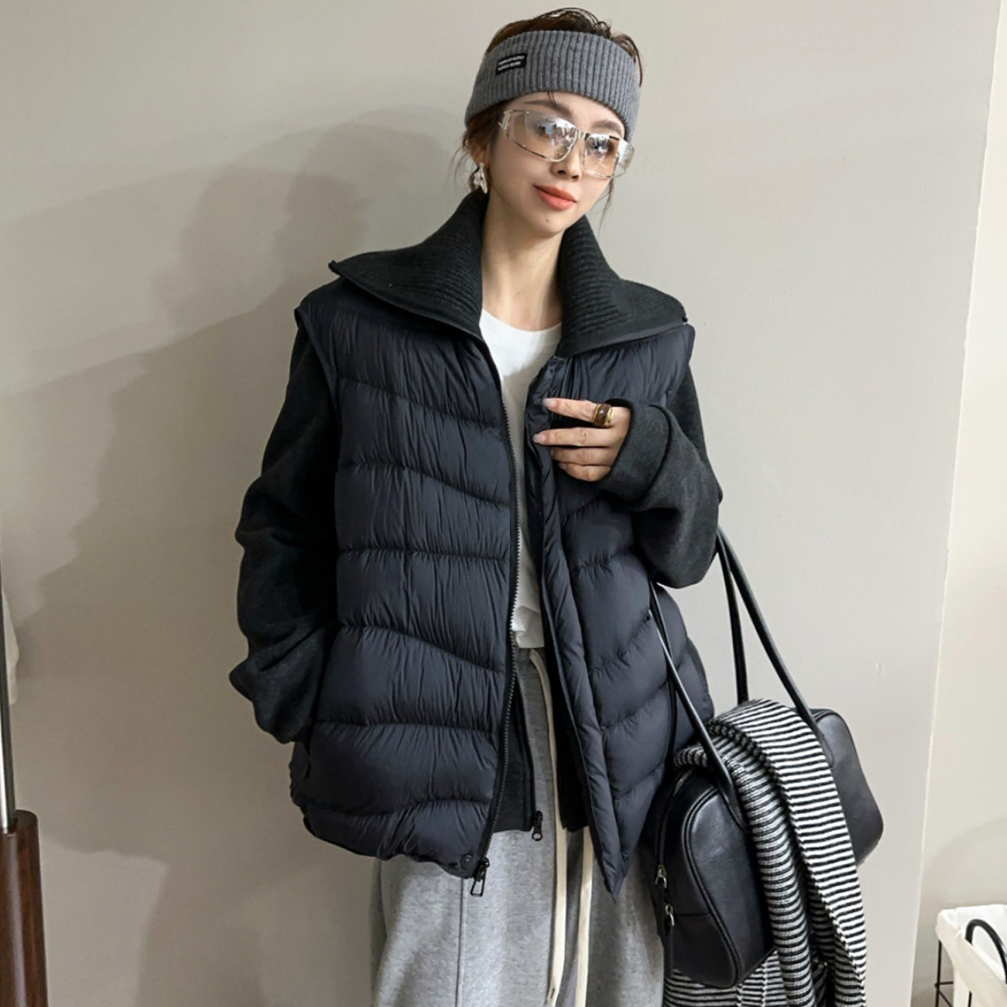 羊毛呢拼接羽绒服马甲两件套上衣