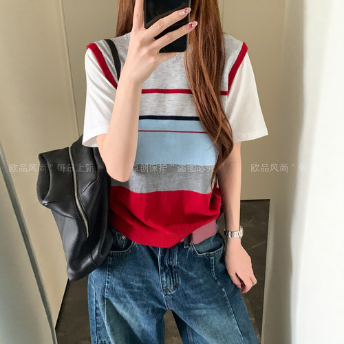 条纹桑蚕丝绵羊毛针织衫女欧洲站