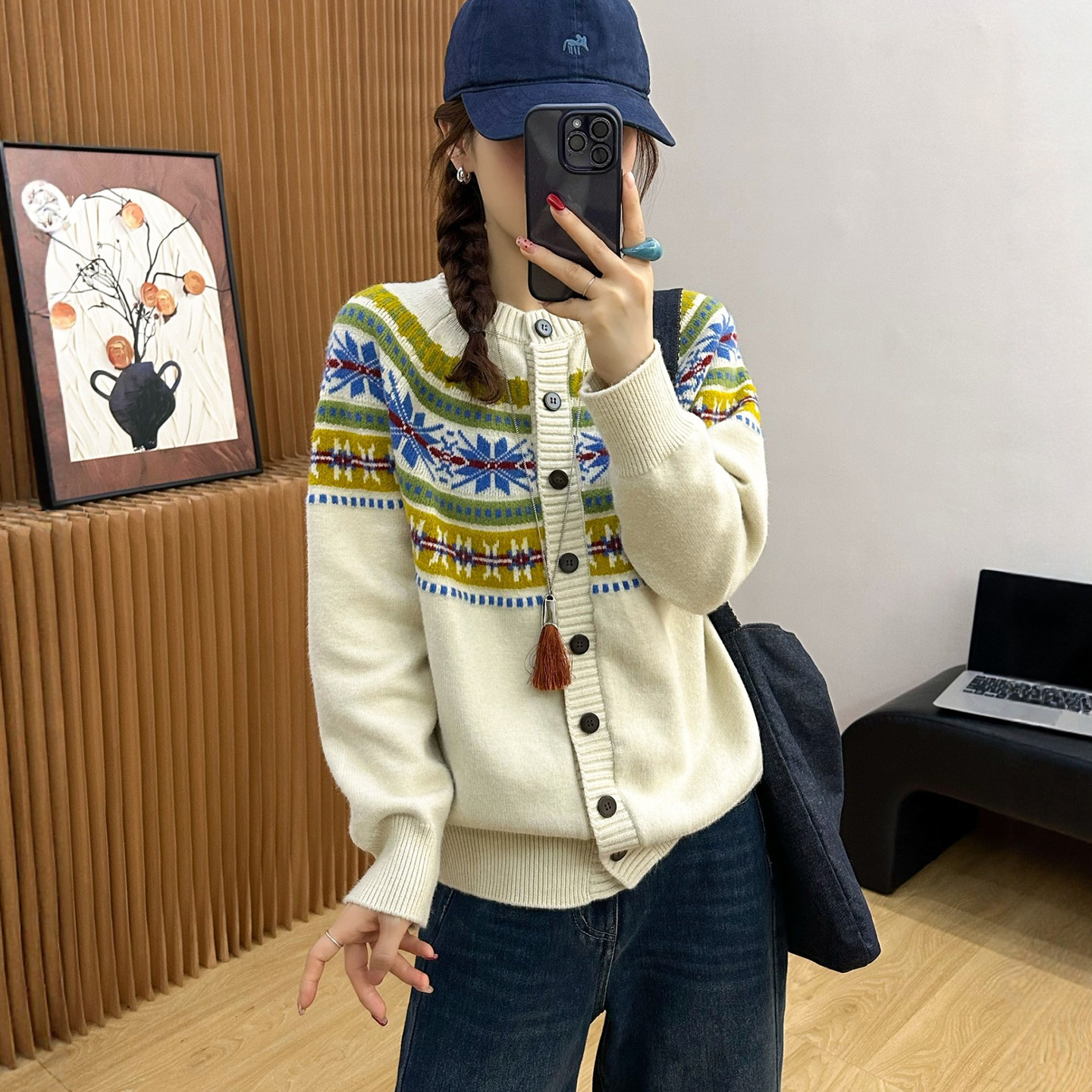 费尔岛提花羊绒针织开衫女欧洲站2026春装新款欧货女装毛衣外套潮,女装/女士精品,毛针织衫,淘宝优惠券,粉丝福利购,淘宝优惠卷