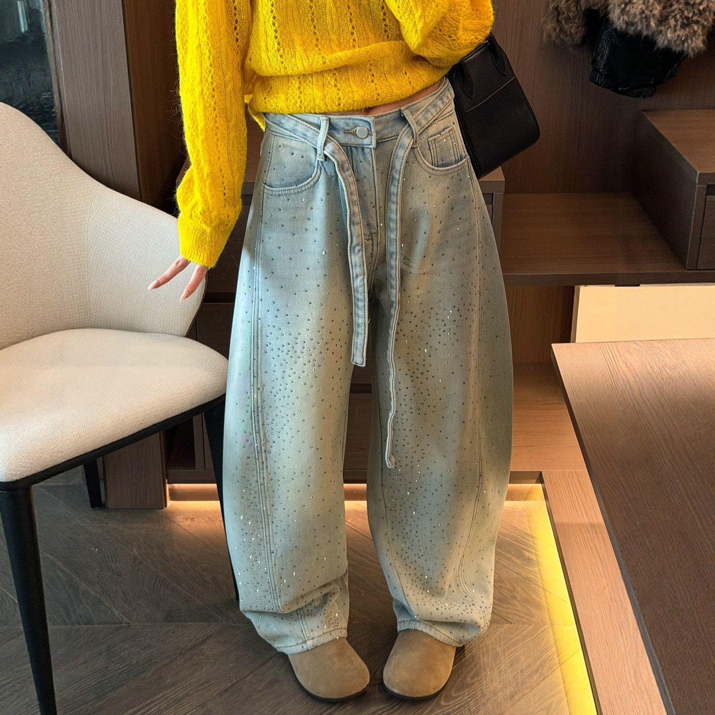 重工烫钻加绒拖地牛仔裤女欧洲站2025冬装新款欧货女装阔腿裤子潮