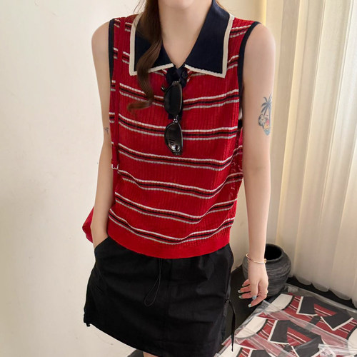 POLO领撞色条纹冰丝针织衫女欧货