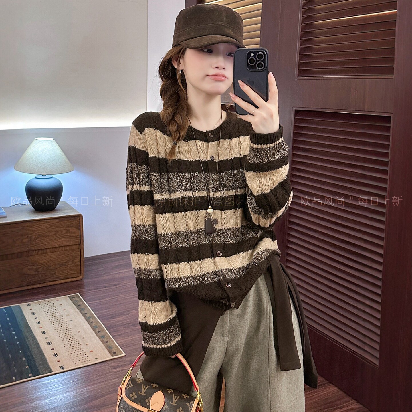 条纹粗线山羊绒针织开衫女欧洲站