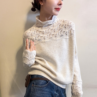打底衫 镂空钩花半高领羊毛针织衫 欧货女装 新款 潮 女欧洲站2025冬装