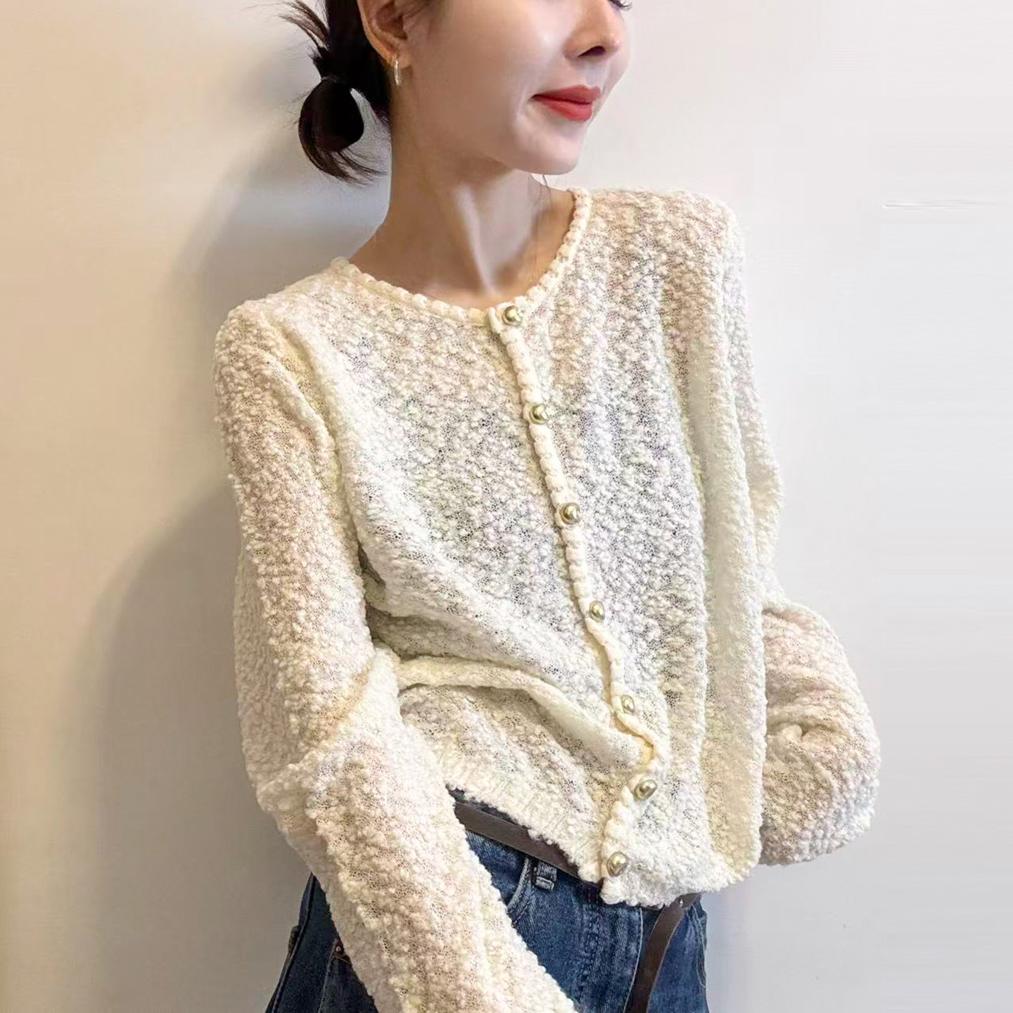 小香风豆豆纱羊毛针织开衫女欧货