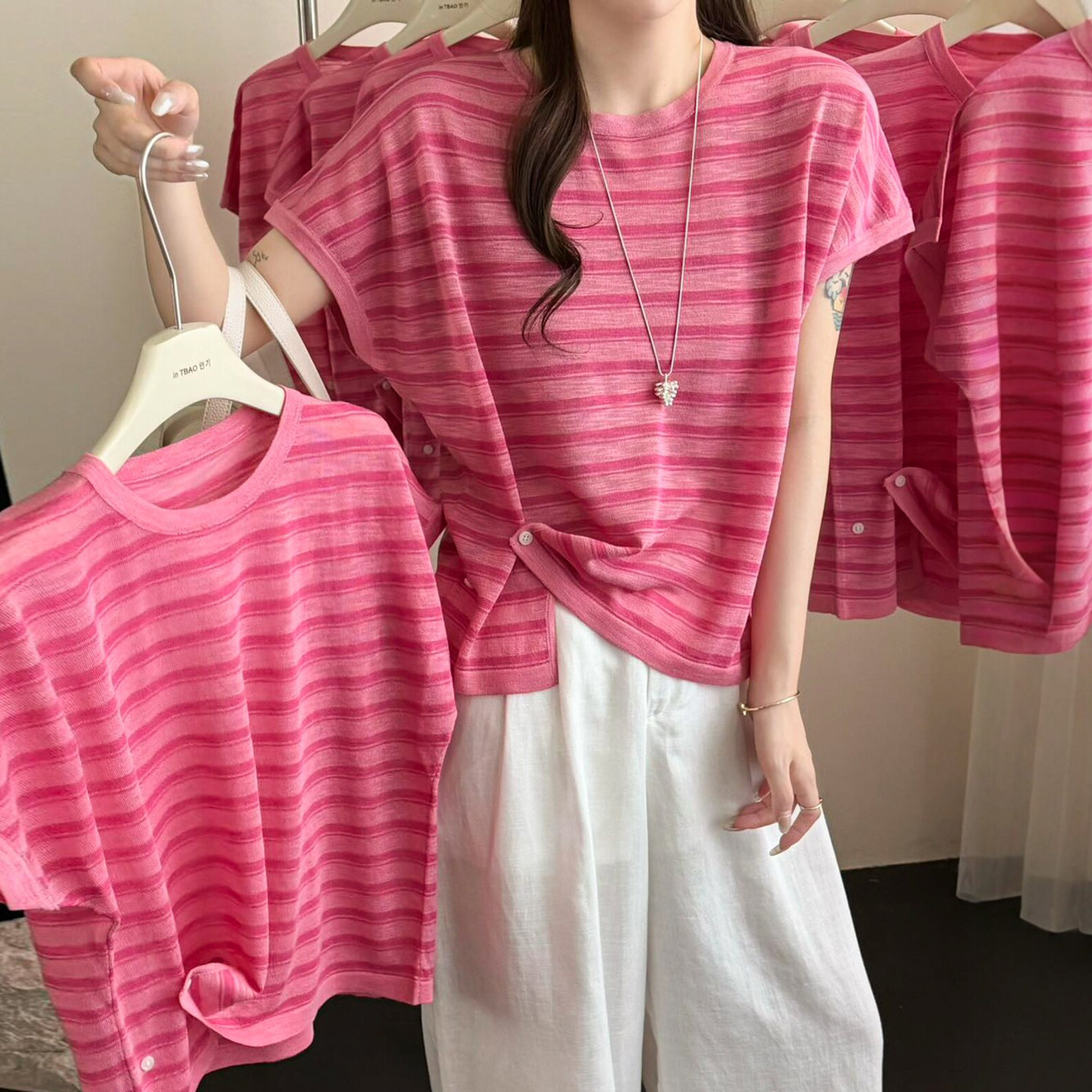 下摆打结条纹冰丝针织衫女欧洲站2026夏装新款欧货女装洋气小衫潮