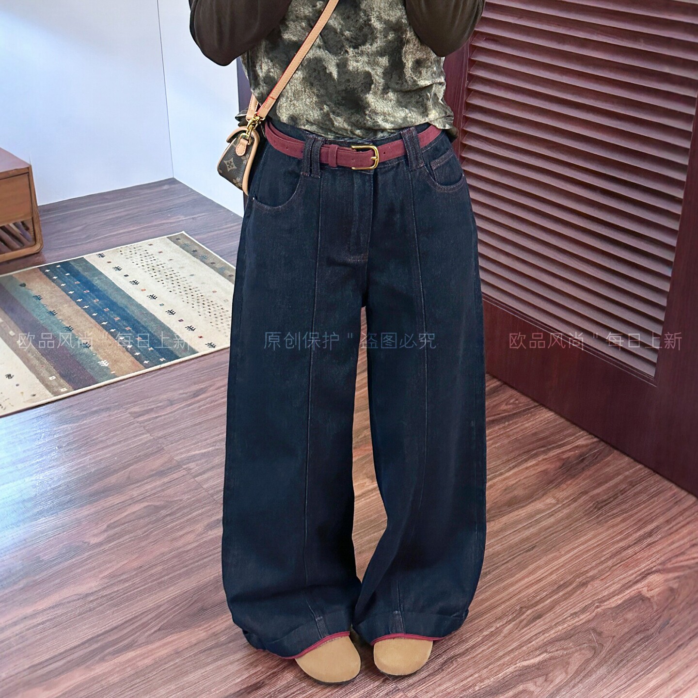 深蓝色拖地加绒阔腿牛仔裤女欧货